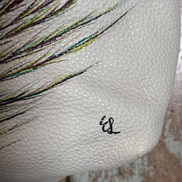 Elliott Lucca Large Cream Leather Handbag Hand Painted Peacock Feather S… - Picture 5 of 16